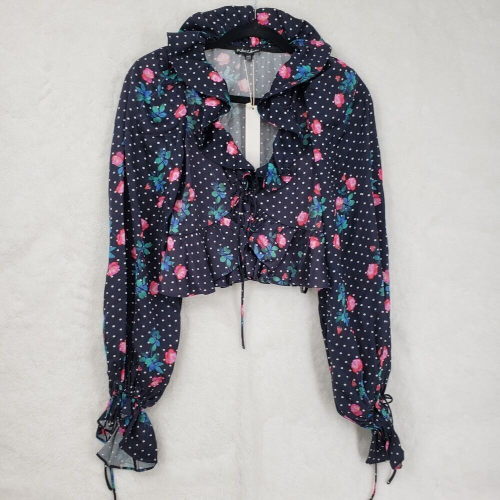 For Love & Lemons Blouse Womens XXS Navy Floral Polka Dot Ruffle Long Sleeve Top